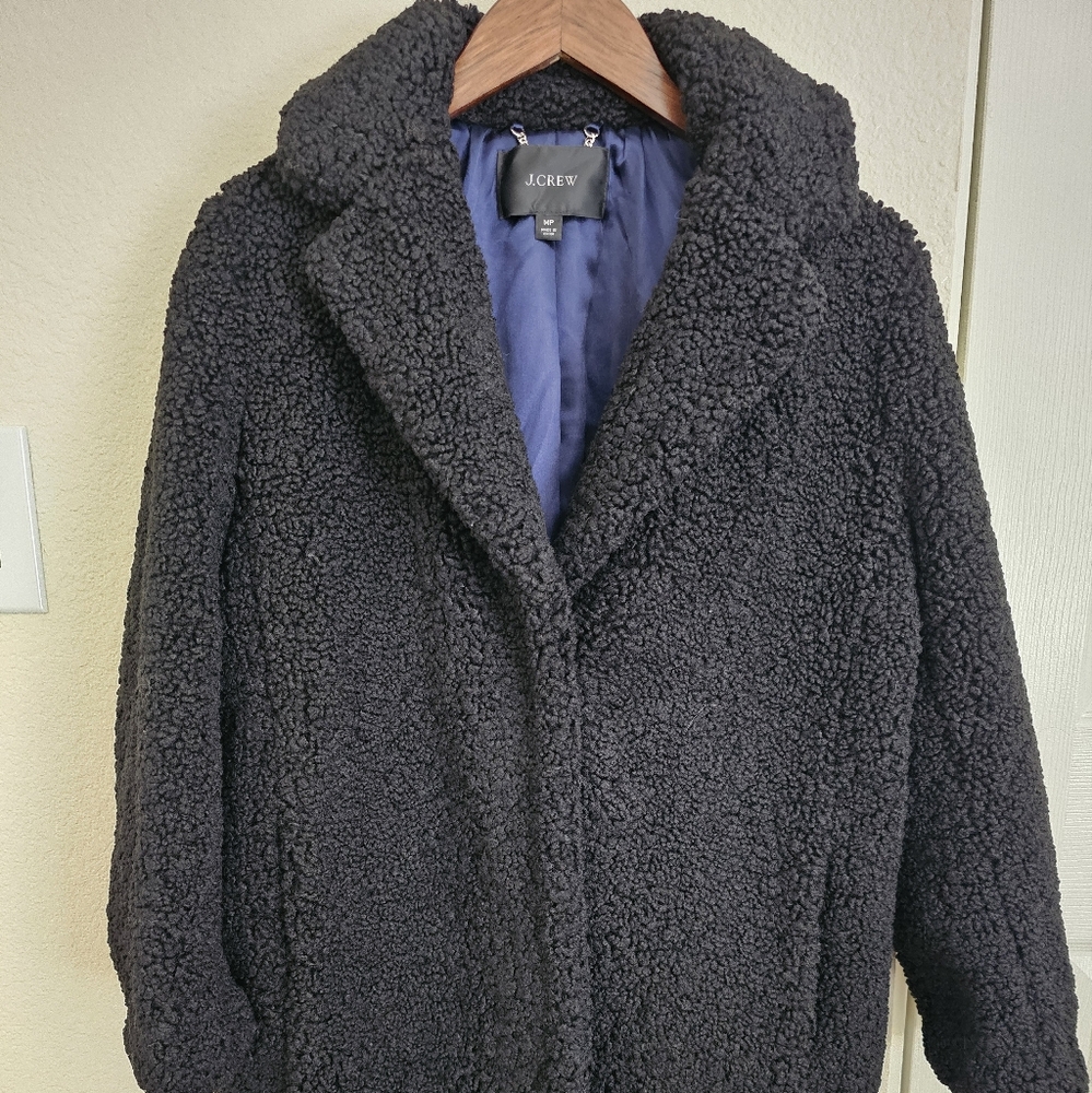 J. Crew Teddy Trench Coat Jacket Mid Length Black PM Petite Medium NWOT